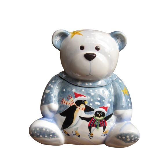 APPLETREE BEAR COOKIE JAR BEARY MERRY CHRISTMAS SNOWFLAKE SNOWMAN - Picture 1 of 9